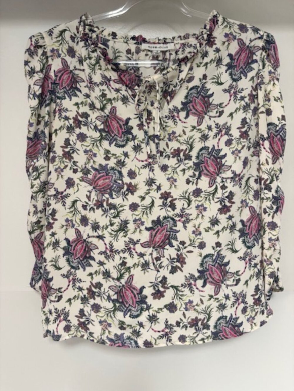 Rose & Olive M Multicolored Floral Ruffle V Neck Tie Blouse M Puff Sleeve